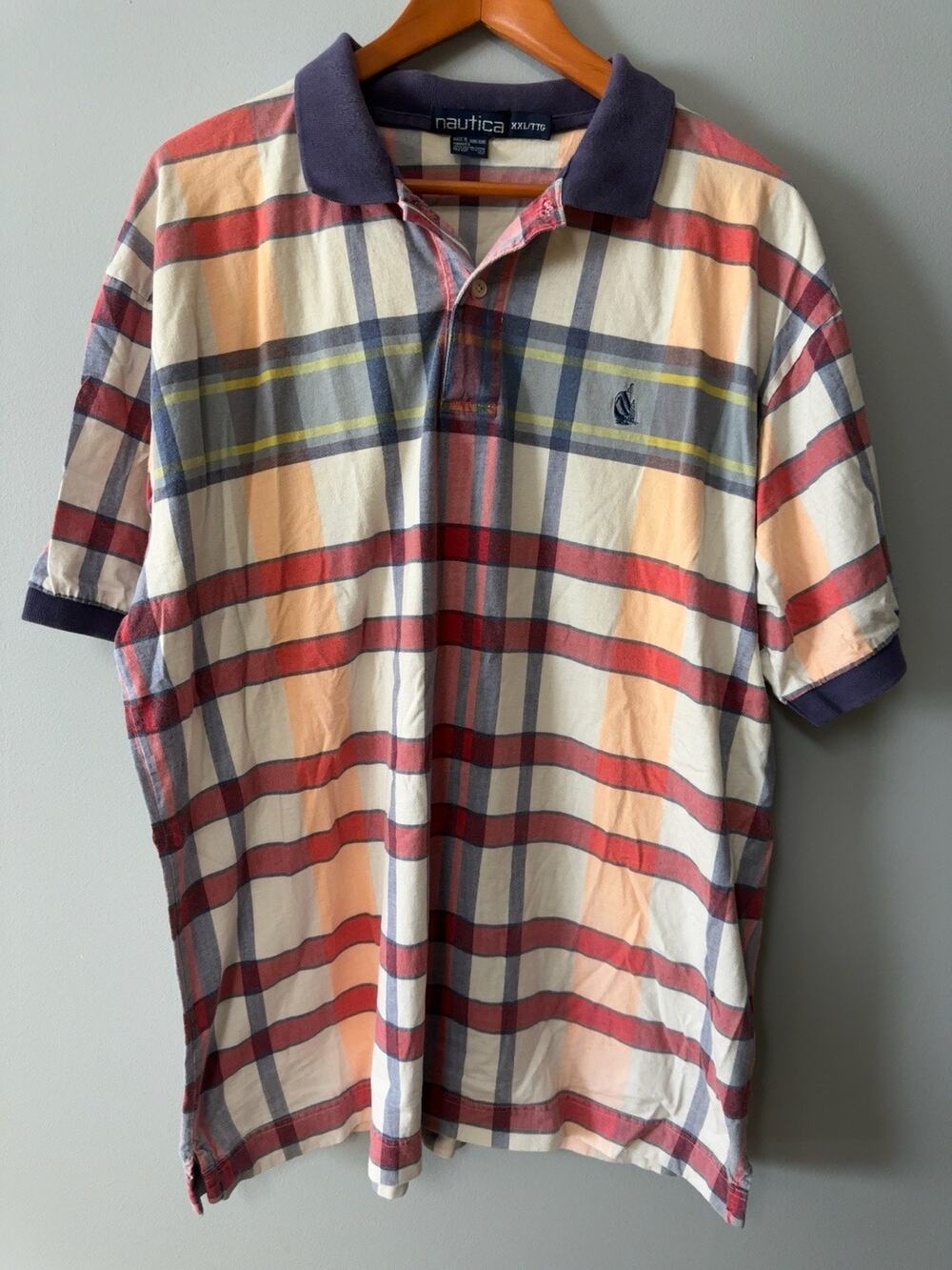 Nautica Men’s XXL Plaid Polo Shirt 100% Cotton Short Sleeve Embroidered Logo